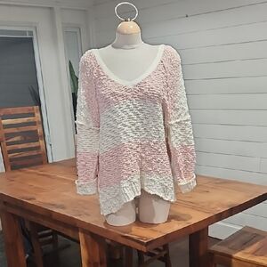 Free People Oversized Textured Pink and Cream Knit Top Sz Sm